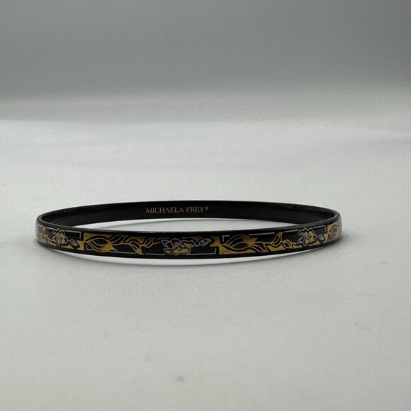 Michaela Frey Vienna Bracelet Black Gold Tone Floral Enamel Bangle 8 Inch - Picture 3 of 9